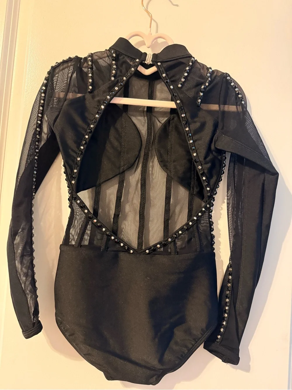 Black Embellished Mesh Kids One-Piece Leotard